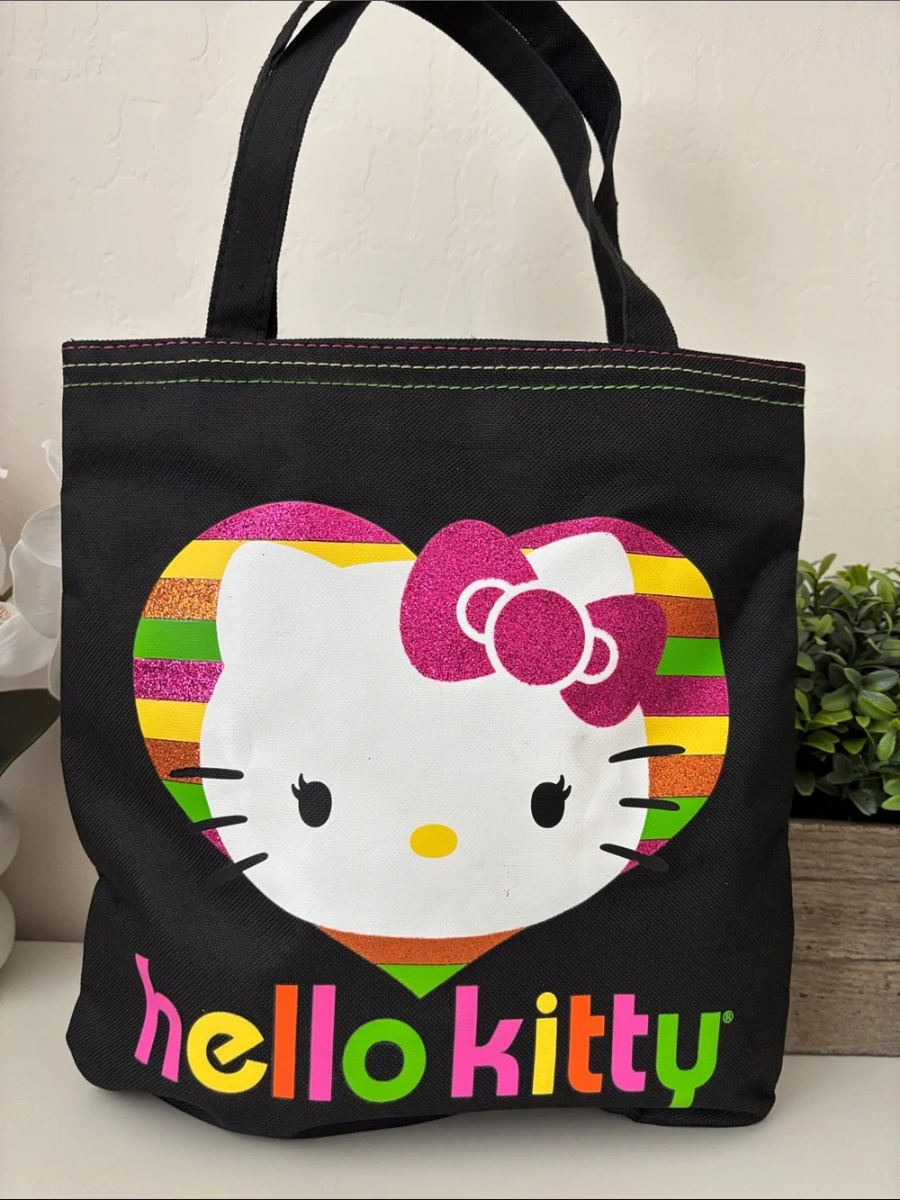 Hello Kitty Kids Black Tote Bag with Pink Glitter Heart & Makeup Brush Set